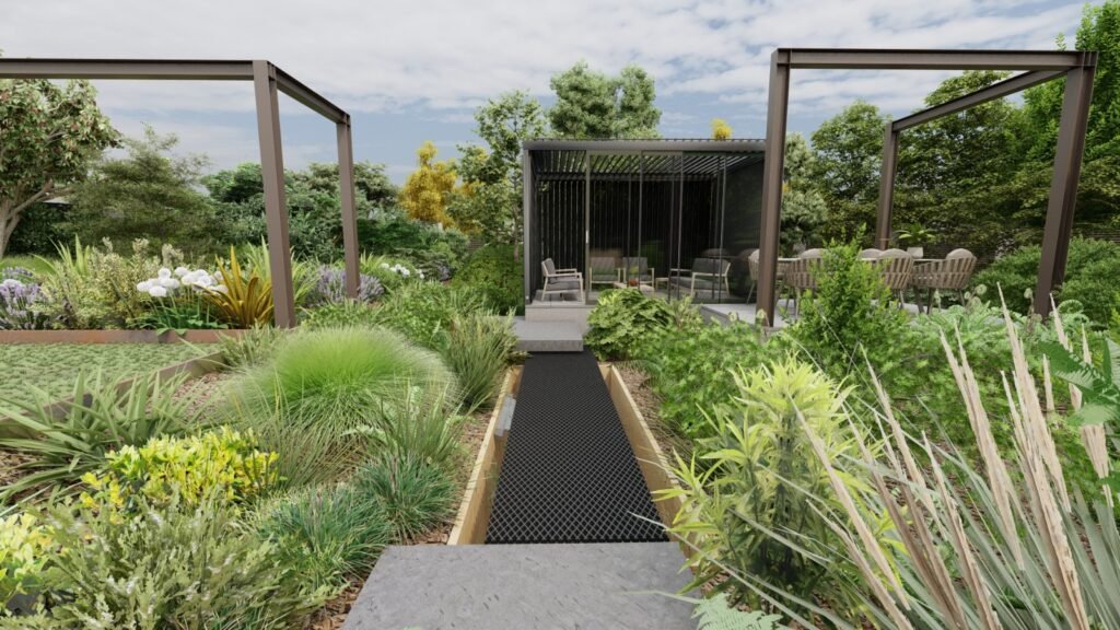 Bespoke garden design in Surrey with contemporary planting and paving